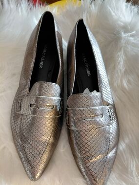 Marc Fisher Silver Pointed Toe Snake-Embossed Loafers
